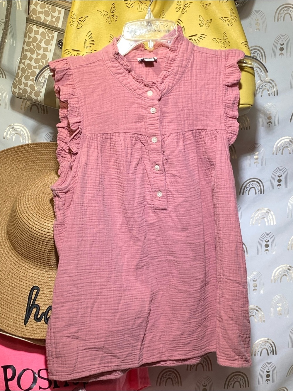 J. Crew Pink Ruffle Sleeve Cotton Gauze Tank Top